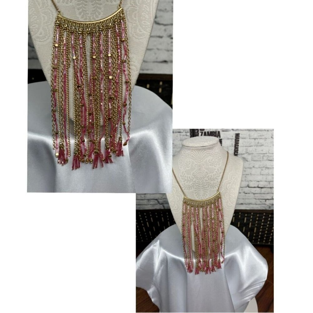 Carol Dauplaise Gold-Tone Pink Beaded Chain Fringe Statement Necklace